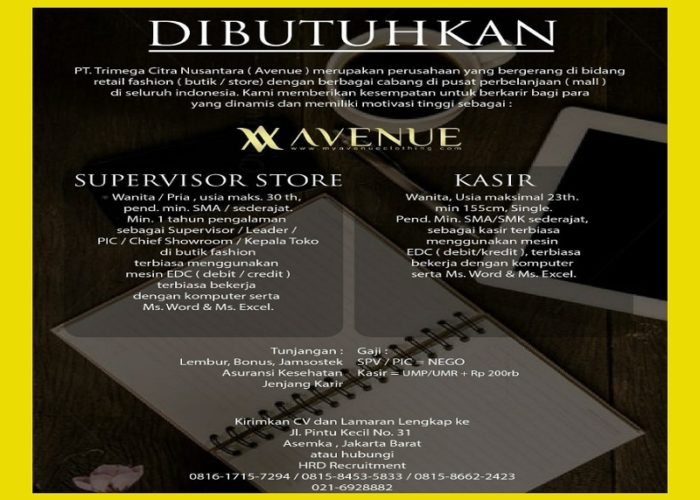 Lowongan Kerja Supervisor Store & Kasir PT Trimega Citra Nusantara (AVENUE)